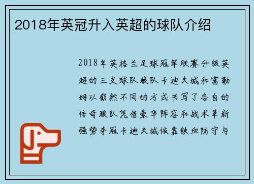 2018年英冠升入英超的球队介绍